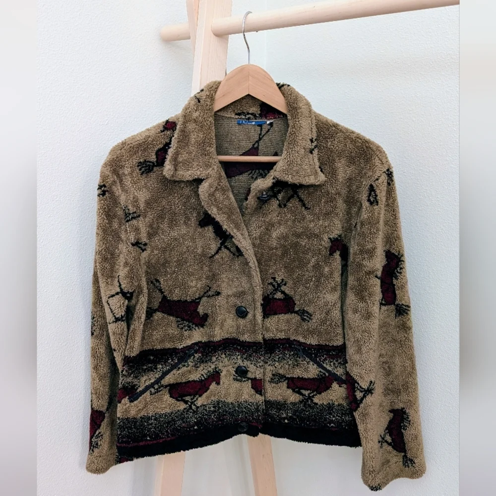 Vintage 90's Equestrian Collared Button Down Fleece Jacket In Tan/Black/Burgundy - Picture 2 of 11